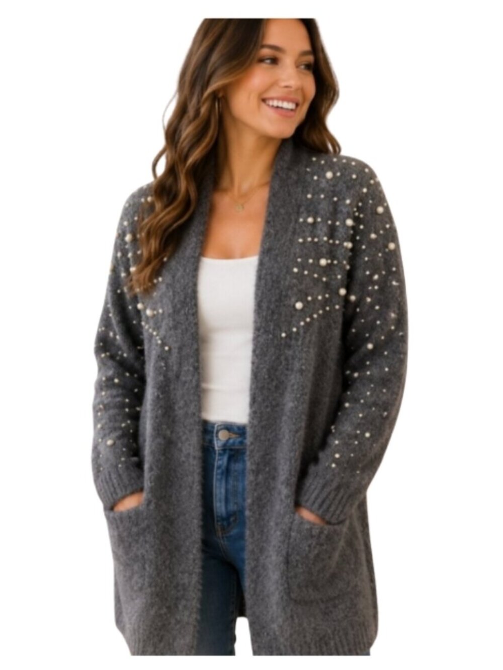 Davi & Dani NWOT grey long line open front cardigan with pearl embellishment S